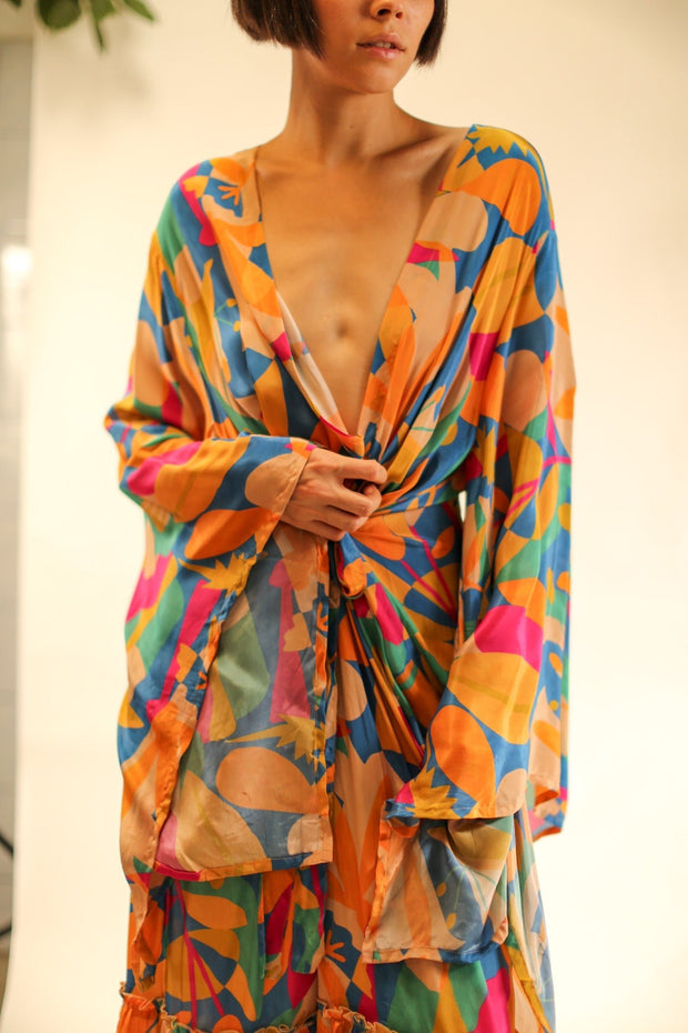 XL HAND BLOCK SILK KIMONO TYLET - sustainably made MOMO NEW YORK sustainable clothing, Kimono slow fashion