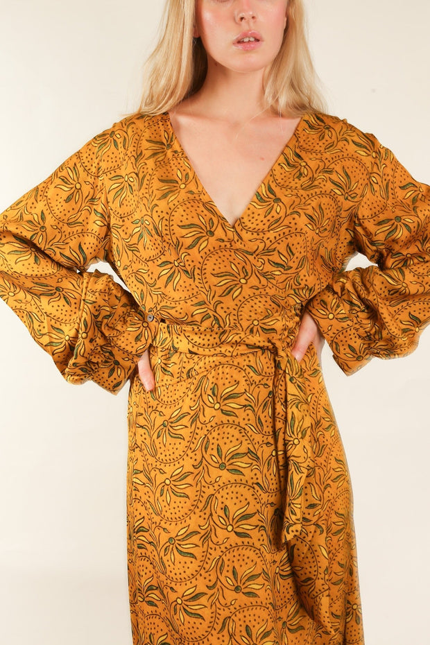 YELLOW SILK WRAP DRESS LOTIZIA - sustainably made MOMO NEW YORK sustainable clothing, dress slow fashion