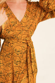 YELLOW SILK WRAP DRESS LOTIZIA - sustainably made MOMO NEW YORK sustainable clothing, dress slow fashion