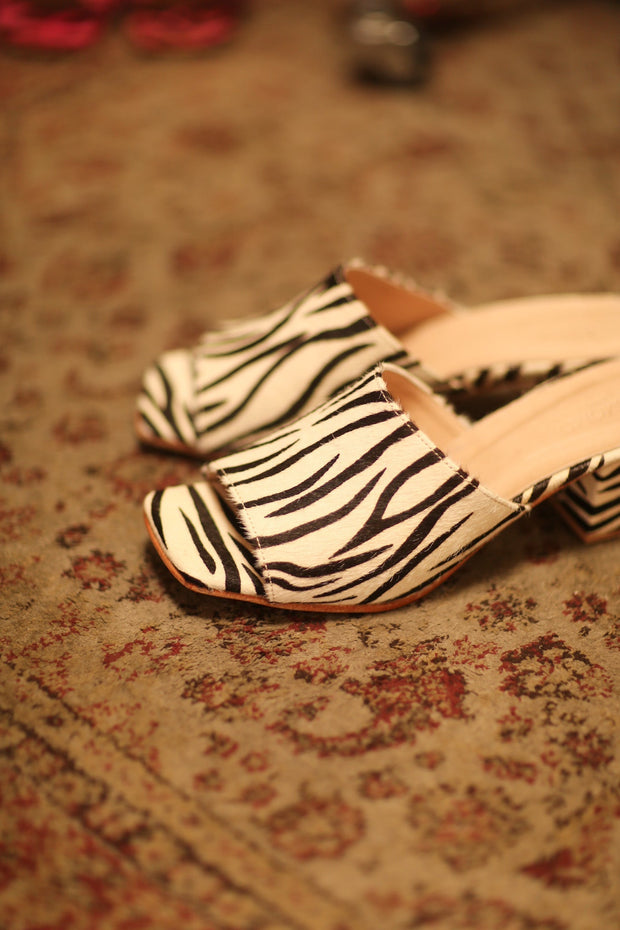 ZEBRA PRINT HEELED MULES - sustainably made MOMO NEW YORK sustainable clothing, new slow fashion