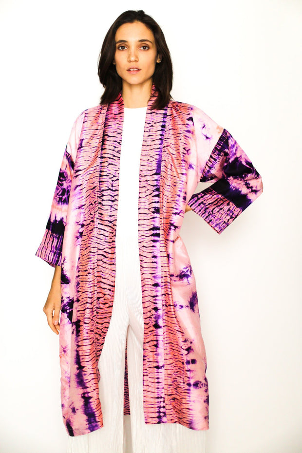 100% SILK HAND BATIK KIMONO DUSTER SASHA - sustainably made MOMO NEW YORK sustainable clothing, kaftan slow fashion