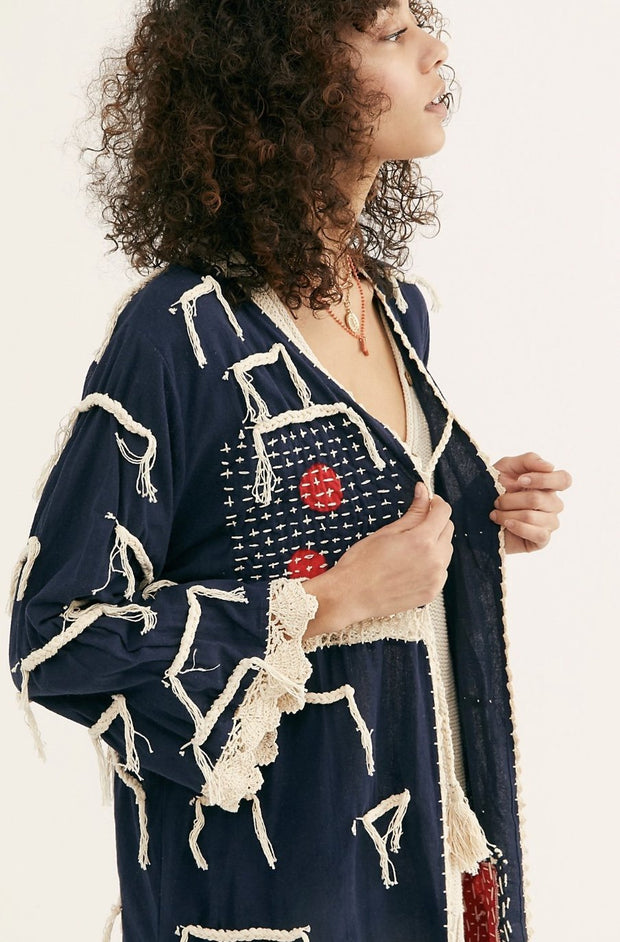 Amelia Crochet Fringe Kimono X FREE PEOPLE - sustainably made MOMO NEW YORK sustainable clothing, crochet slow fashion