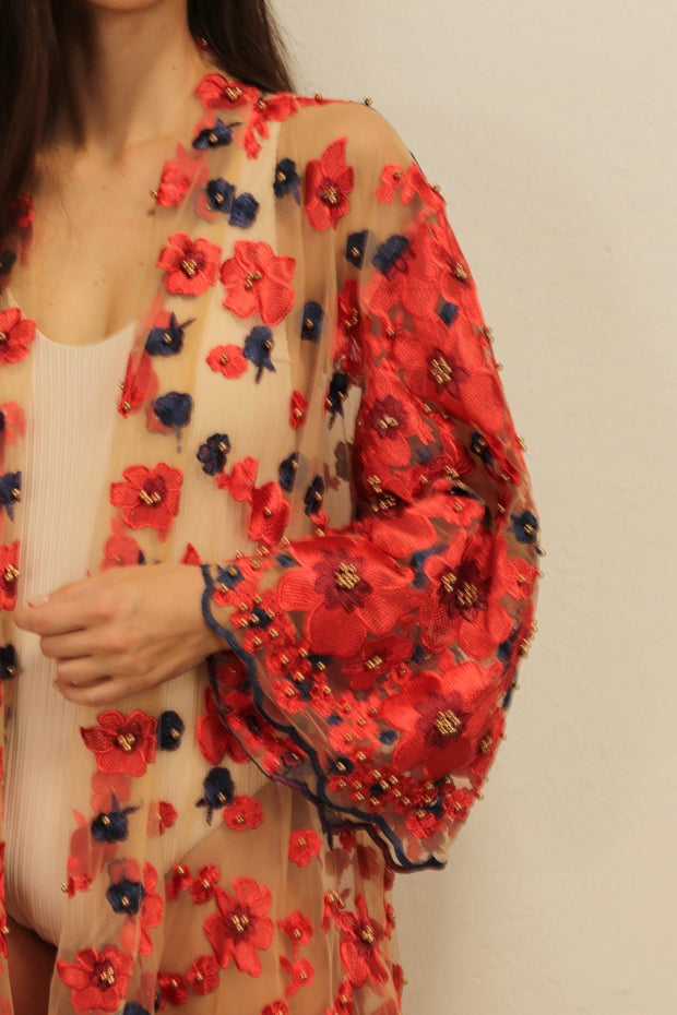 APHRODITE FLOWER CHIFFON SILK KIMONO - sustainably made MOMO NEW YORK sustainable clothing, Embroidered Kimono slow fashion