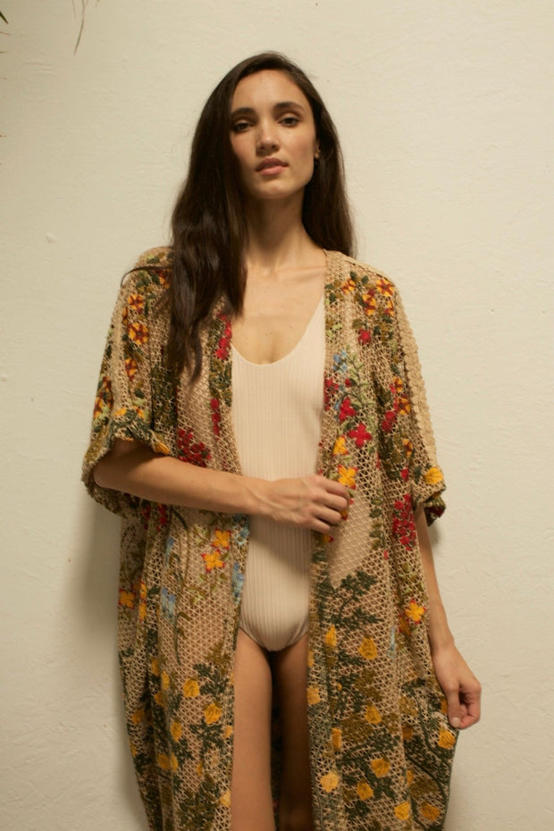 ARISTAEUS HONEY COTTON EMBROIDERED FLOWERS KIMONO - sustainably made MOMO NEW YORK sustainable clothing, Embroidered Kimono slow fashion