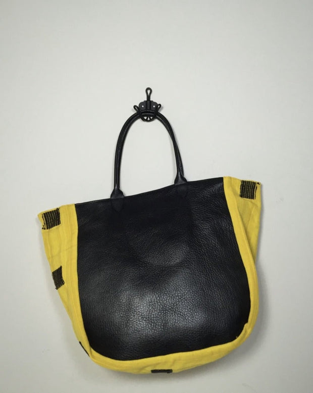 BAG DANNY BLACK LEATHER MYANMAR FABRIC TRIM - sustainably made MOMO NEW YORK sustainable clothing, samplesale1022 slow fashion