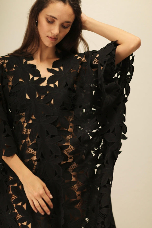 BLACK COTON LACE FLOWER KIMONO - sustainably made MOMO NEW YORK sustainable clothing, Embroidered Kimono slow fashion