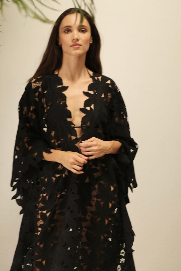 BLACK COTON LACE FLOWER KIMONO - sustainably made MOMO NEW YORK sustainable clothing, Embroidered Kimono slow fashion