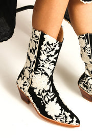 BLACK CREME FLOWER EMBROIDERED WESTERN BOOTS SHIRON - sustainably made MOMO NEW YORK sustainable clothing, boots slow fashion