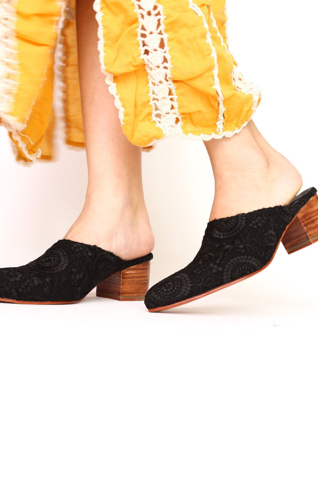 BLACK EMBROIDERED HEELED MULES X NEIMAN MARCUS - sustainably made MOMO NEW YORK sustainable clothing, mules slow fashion