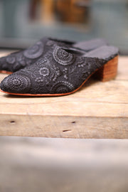 BLACK EMBROIDERED HEELED MULES X NEIMAN MARCUS - sustainably made MOMO NEW YORK sustainable clothing, mules slow fashion