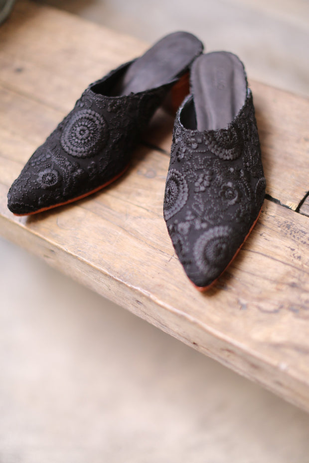 BLACK EMBROIDERED HEELED MULES X NEIMAN MARCUS - sustainably made MOMO NEW YORK sustainable clothing, mules slow fashion