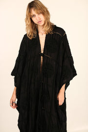 BLACK EMBROIDERED KIMONO DUSTER FLORA CROCHET DETAIL - sustainably made MOMO NEW YORK sustainable clothing, Kimono slow fashion