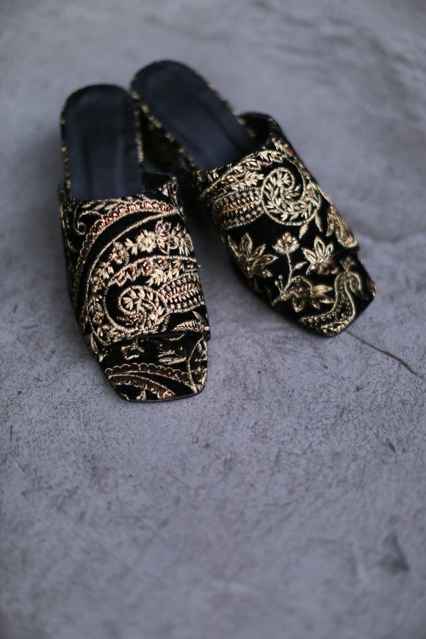 BLACK GOLD VELVET EMBROIDERED MULES LULU - sustainably made MOMO NEW YORK sustainable clothing, mules slow fashion