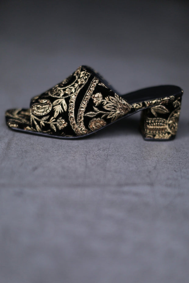 BLACK GOLD VELVET EMBROIDERED MULES LULU - sustainably made MOMO NEW YORK sustainable clothing, mules slow fashion