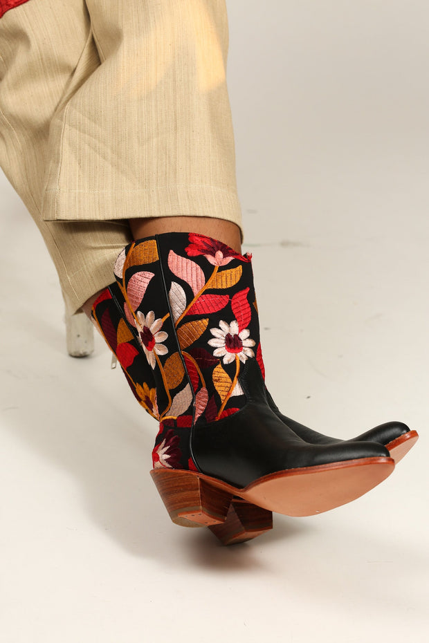 BLACK LEATHER BLACK EMBROIDERED WESTERN BOOTS X ANTHROPOLOGIE - sustainably made MOMO NEW YORK sustainable clothing, boots slow fashion