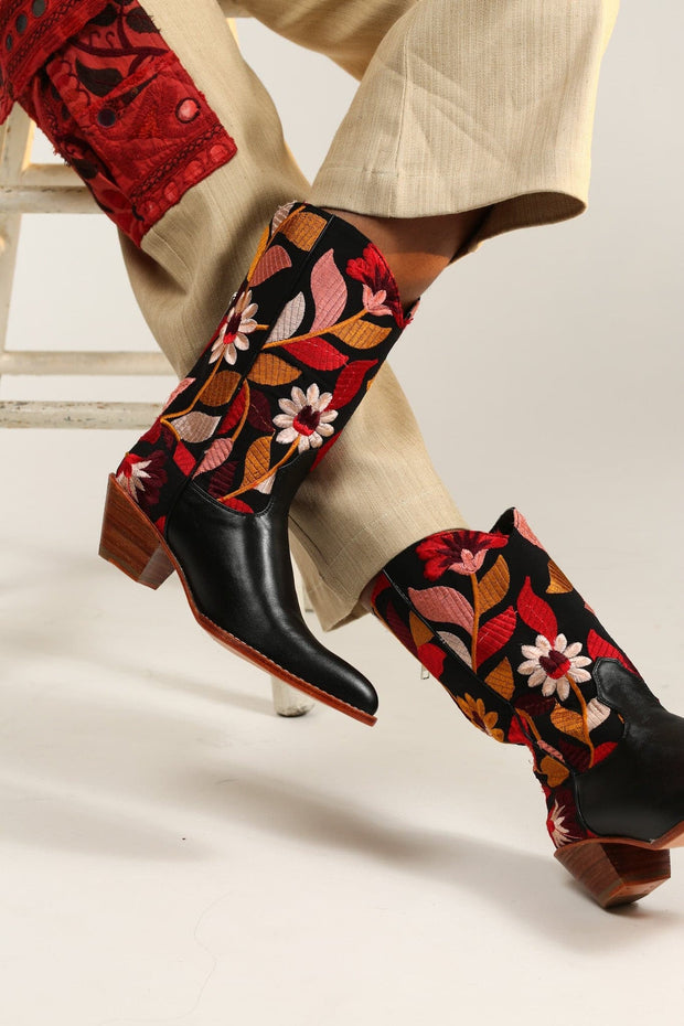 BLACK LEATHER BLACK EMBROIDERED WESTERN BOOTS X ANTHROPOLOGIE - sustainably made MOMO NEW YORK sustainable clothing, boots slow fashion