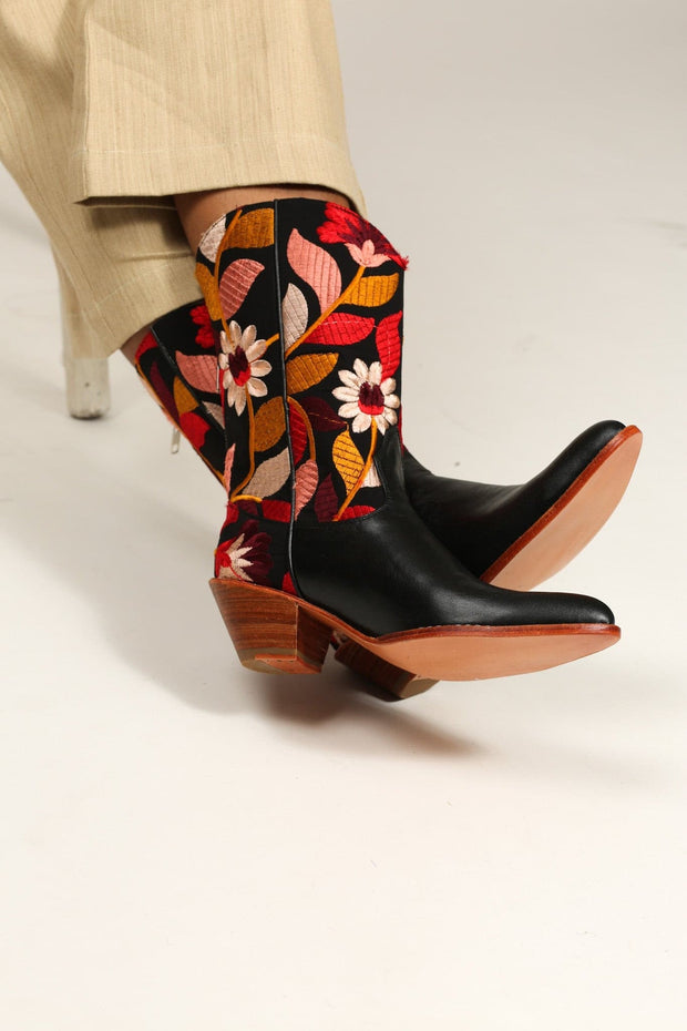 BLACK LEATHER BLACK EMBROIDERED WESTERN BOOTS X ANTHROPOLOGIE - sustainably made MOMO NEW YORK sustainable clothing, boots slow fashion