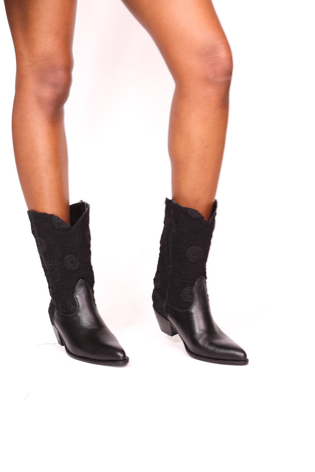 BLACK SILK COTTON EMBROIDERED LEATHER BOOTS DORO - sustainably made MOMO NEW YORK sustainable clothing, boots slow fashion