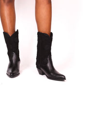 BLACK SILK COTTON EMBROIDERED LEATHER BOOTS DORO - sustainably made MOMO NEW YORK sustainable clothing, boots slow fashion