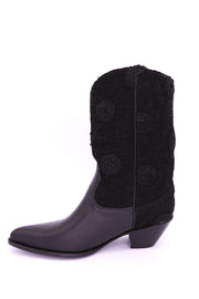 BLACK SILK COTTON EMBROIDERED LEATHER BOOTS DORO - sustainably made MOMO NEW YORK sustainable clothing, boots slow fashion