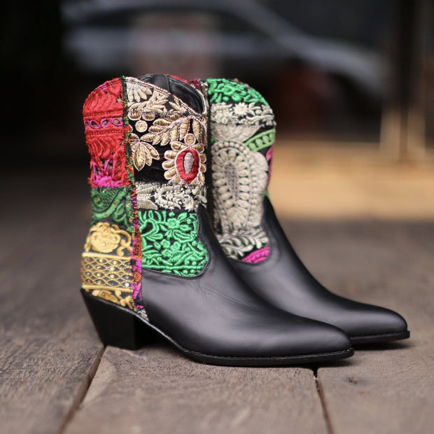 BOOTS BENNY EMBROIDERED PATCHWORK / LEATHER - sustainably made MOMO NEW YORK sustainable clothing, slow fashion