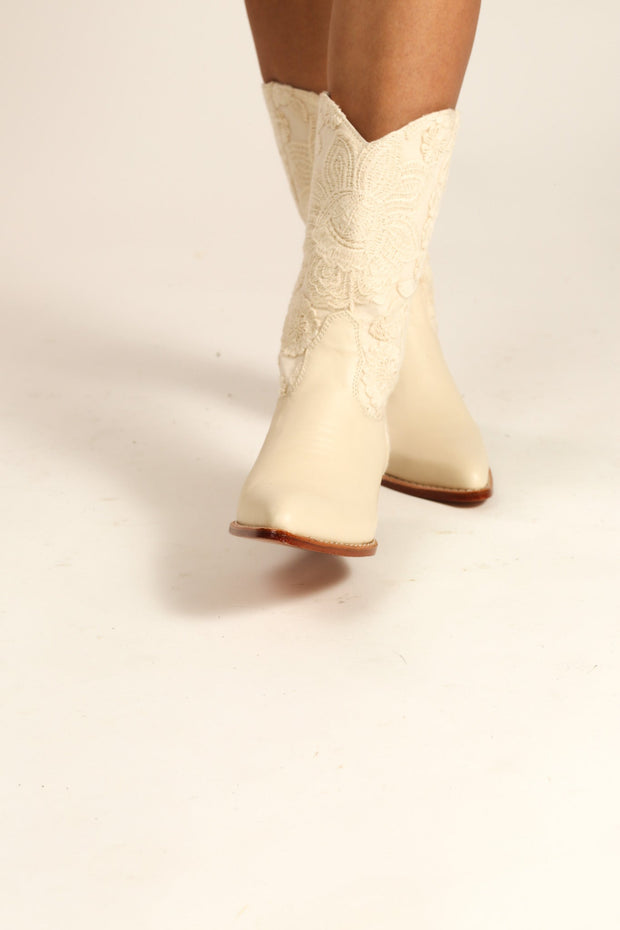 CREME WEDDING BOOTS LACE SEQUIN DETAIL - sustainably made MOMO NEW YORK sustainable clothing, boots slow fashion