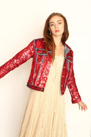 DEMI HAND SEQUIN EMBROIDERED DENIM JACKET - sustainably made MOMO NEW YORK sustainable clothing, preorder slow fashion