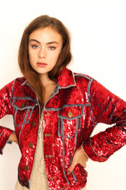 DEMI HAND SEQUIN EMBROIDERED DENIM JACKET - sustainably made MOMO NEW YORK sustainable clothing, preorder slow fashion