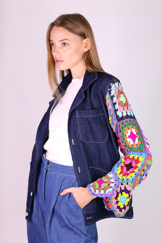 DENIM CROCHET JACKET VICKY - sustainably made MOMO NEW YORK sustainable clothing, crochet slow fashion