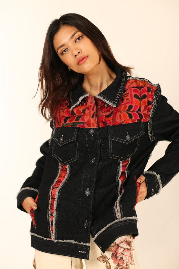 DENIM EMBROIDERED PATCHWORK JACKET FARSIS - sustainably made MOMO NEW YORK sustainable clothing, denim slow fashion