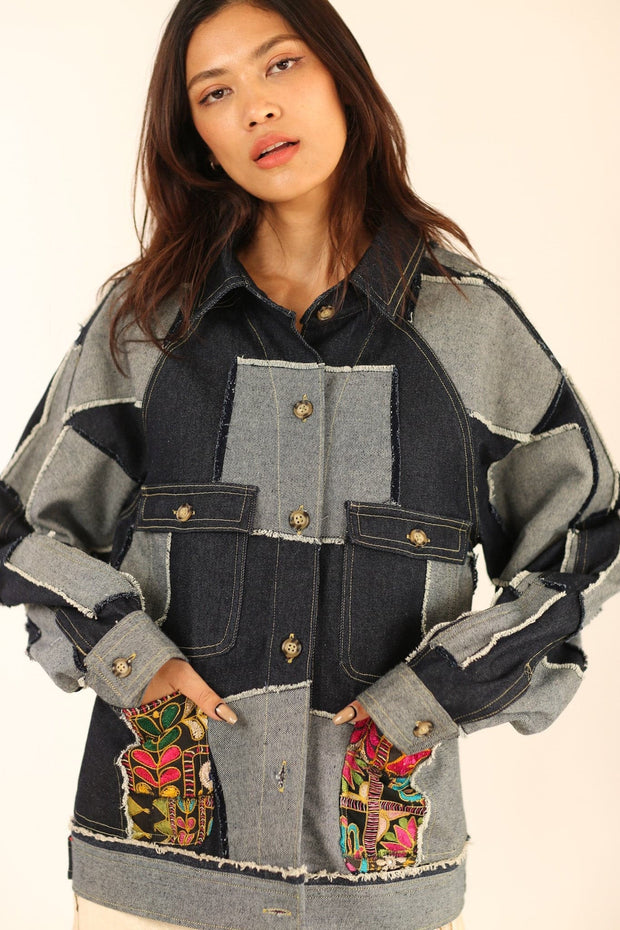 DENIM PATCHWORK JACKET MASHA - sustainably made MOMO NEW YORK sustainable clothing, fall22 slow fashion