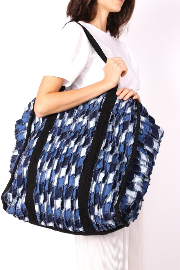 DENIM PATCHWORK XXL BAG BLEECKER - sustainably made MOMO NEW YORK sustainable clothing, preorder slow fashion