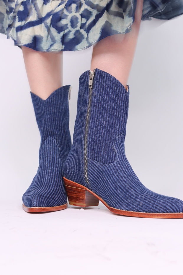 DENIM STRIPE ANKLE BOOTS TUZIA - sustainably made MOMO NEW YORK sustainable clothing, boots slow fashion