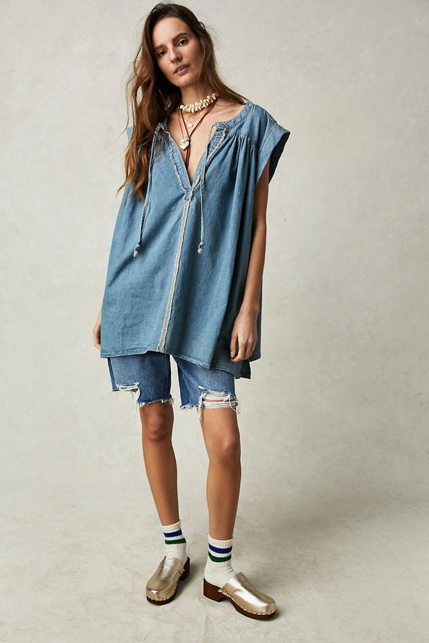 DENIM TUNIC LARISSA - sustainably made MOMO NEW YORK sustainable clothing, kaftan slow fashion