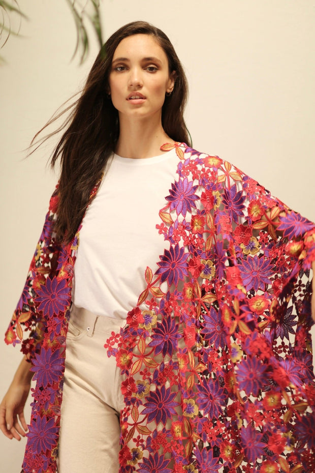 DIONYSUS FLOWER LACE KIMONO - sustainably made MOMO NEW YORK sustainable clothing, Embroidered Kimono slow fashion