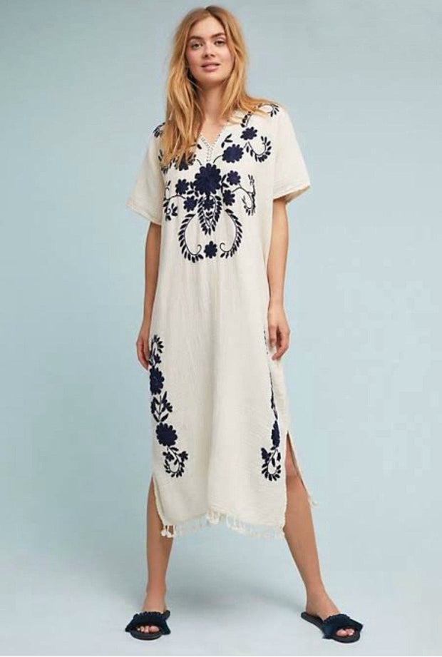 EMBROIDERED KAFTAN DRESSS JUDITH X ANTHROPOLOGIE - sustainably made MOMO NEW YORK sustainable clothing, slow fashion