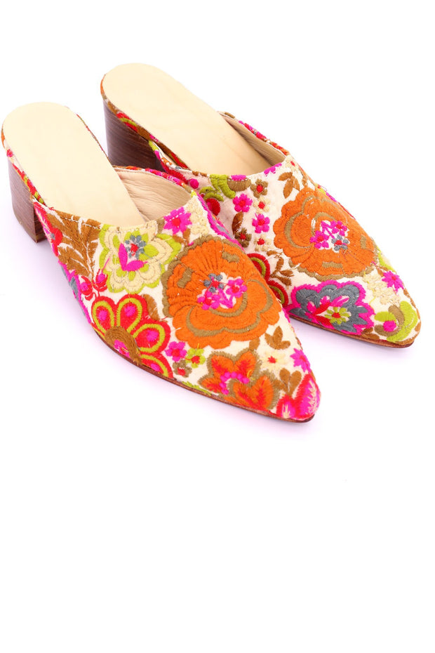 EMBROIDERED HEELED MULES ELLIE - sustainably made MOMO NEW YORK sustainable clothing, mules slow fashion