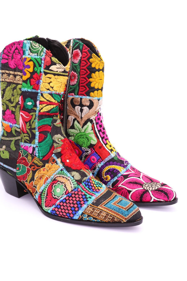 EMBROIDERED PATCHWORK BOOTS GINALYN (BLACK) - sustainably made MOMO NEW YORK sustainable clothing, boots slow fashion