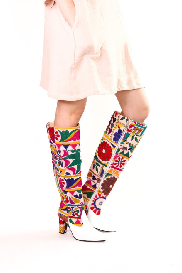 EMBROIDERED PATCHWORK TALL BOOTS SENREVE - sustainably made MOMO NEW YORK sustainable clothing, boots slow fashion