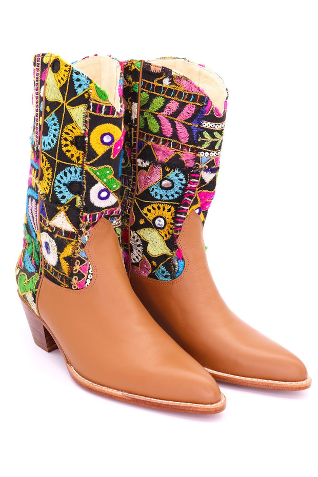 EMBROIDERED PATCHWORK LEATHER WESTERN BOOTS MAYLINDA - sustainably made MOMO NEW YORK sustainable clothing, slow fashion