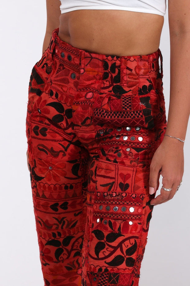 EMBROIDERED PATCHWORK PANTS RAYA - sustainably made MOMO NEW YORK sustainable clothing, fall22 slow fashion