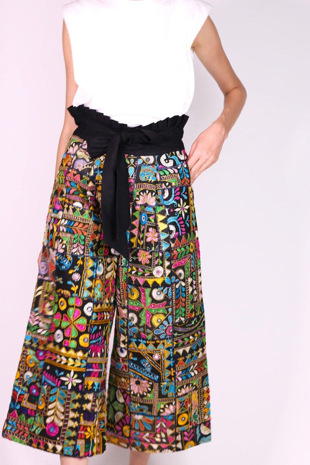 EMBROIDERED PATCHWORK WRAP PANTS BLAIRE - sustainably made MOMO NEW YORK sustainable clothing, pants slow fashion