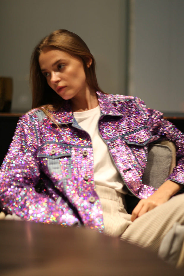 EMBROIDERED SEQUIN DENIM JACKET DEMI - sustainably made MOMO NEW YORK sustainable clothing, resort2023 slow fashion