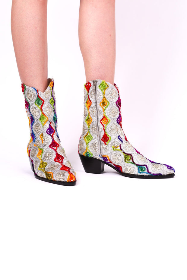 EMBROIDERED SILK BOOTS TIFFANY (SILVER) - sustainably made MOMO NEW YORK sustainable clothing, boots slow fashion