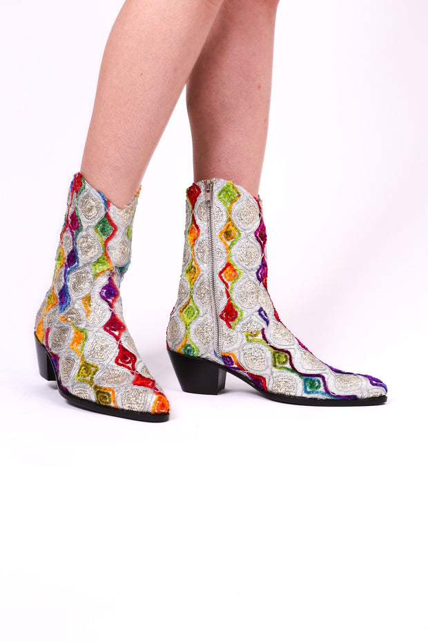 EMBROIDERED SILK BOOTS TIFFANY (SILVER) - sustainably made MOMO NEW YORK sustainable clothing, boots slow fashion