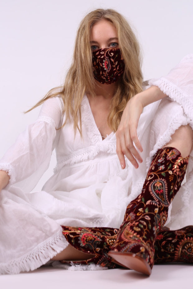 EMBROIDERED VELVET FACE MASK LOU (WINE RED) - sustainably made MOMO NEW YORK sustainable clothing, offerfm slow fashion