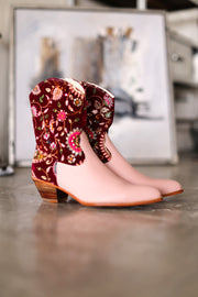 EMBROIDERED VELVET / PINK LEATHER BOOTS DAISY - sustainably made MOMO NEW YORK sustainable clothing, offer slow fashion