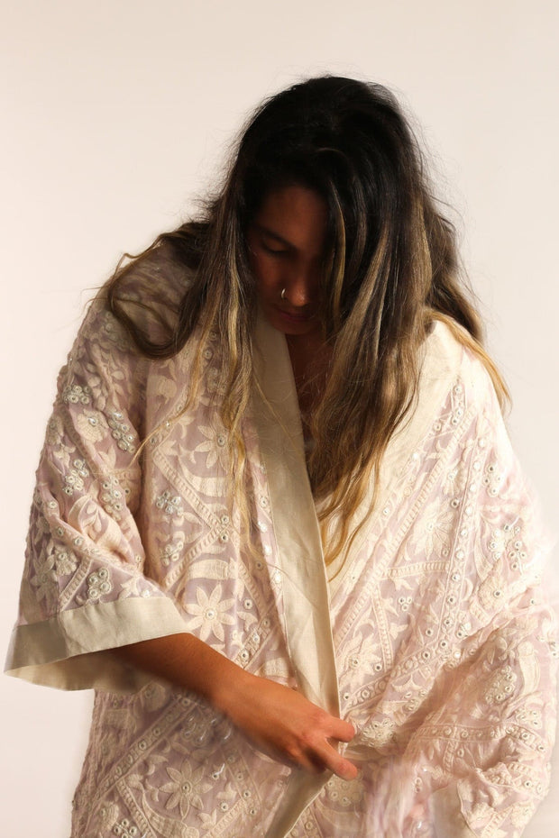 EMBROIDERED VINTAGE PINK SPECIALTY KIMONO SELINA - sustainably made MOMO NEW YORK sustainable clothing, Kimono slow fashion