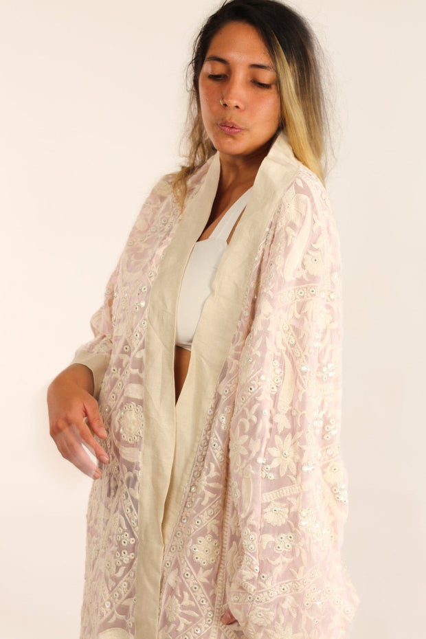 EMBROIDERED VINTAGE PINK SPECIALTY KIMONO SELINA - sustainably made MOMO NEW YORK sustainable clothing, Kimono slow fashion