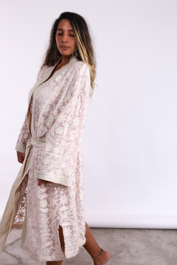 EMBROIDERED VINTAGE PINK SPECIALTY KIMONO SELINA - sustainably made MOMO NEW YORK sustainable clothing, Kimono slow fashion